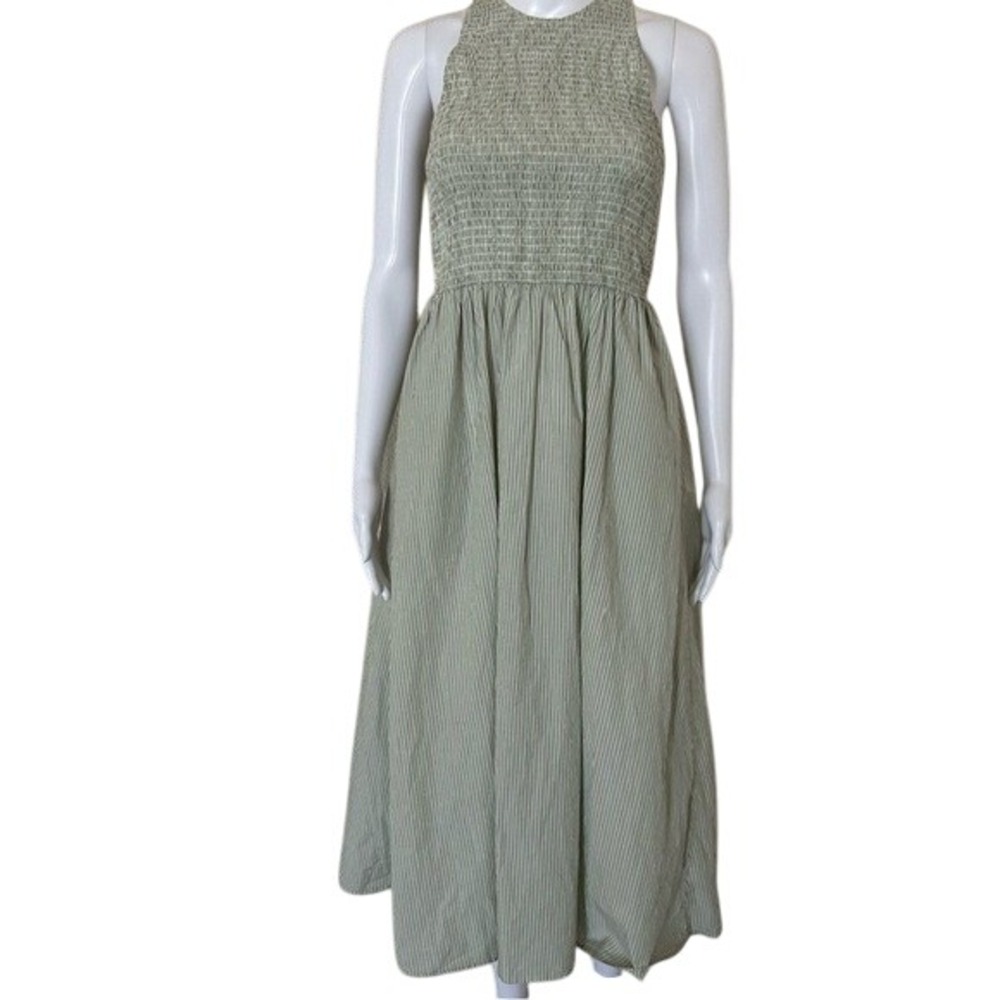 Madewell Green Pistachio Striped Smocked The Melody Maxi Cotton Dress XS